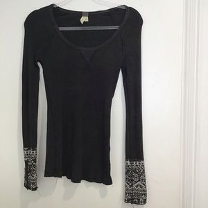 Free People Black Long Sleeve Thermal Top with Patterned Gray Cuffs